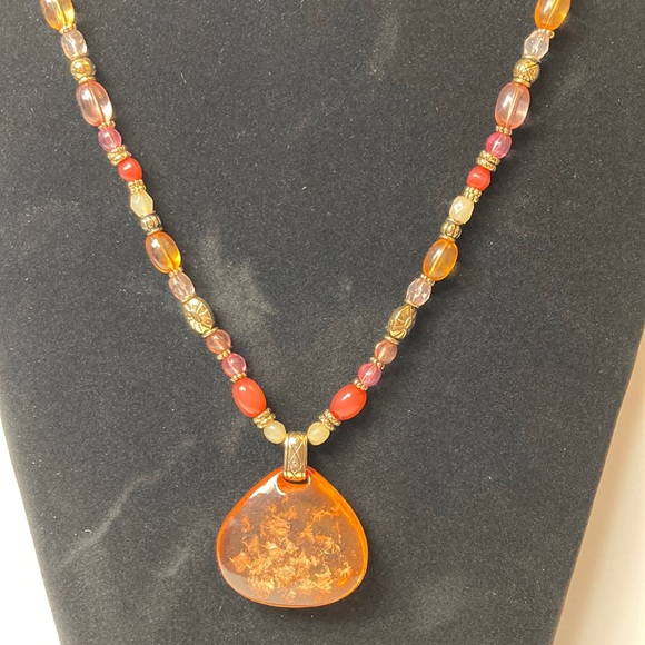 19" Colorful Beaded Necklace with Large Orange Drop Accent - Picture 1 of 13